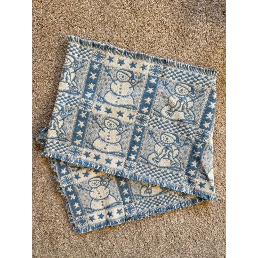Blue Snowman Tapestry Table Runner Cottagecore Christmas Holiday